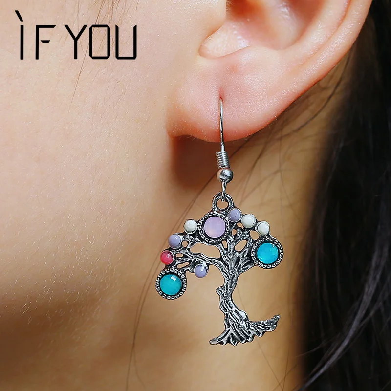 

IF YOU Vintage Tree Pattern Long Drop Earring Hollow Bohemia Colorful Beads Design Beads Earrings For Women Party Jewelry