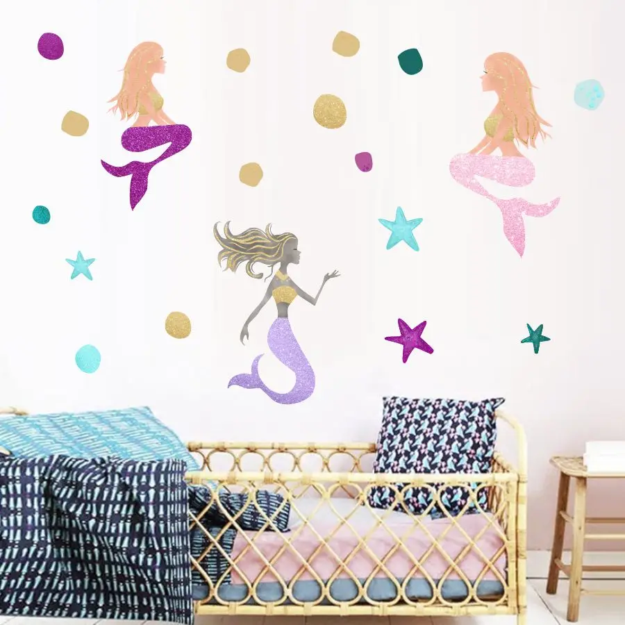 Three Colorful Mermaid Stickers On The Wall Dots And Stars Decals Decoration For House Nursery Kids Room Modern Art Waterpaper (3)