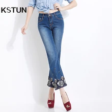 Для женщин джинсы вышитые бисером клеш Stretch Slim Fit Высокая Талия Джинсы женские белл днища штаны отжимания секси- леди плюс размер 36 высокое качество известный бренд