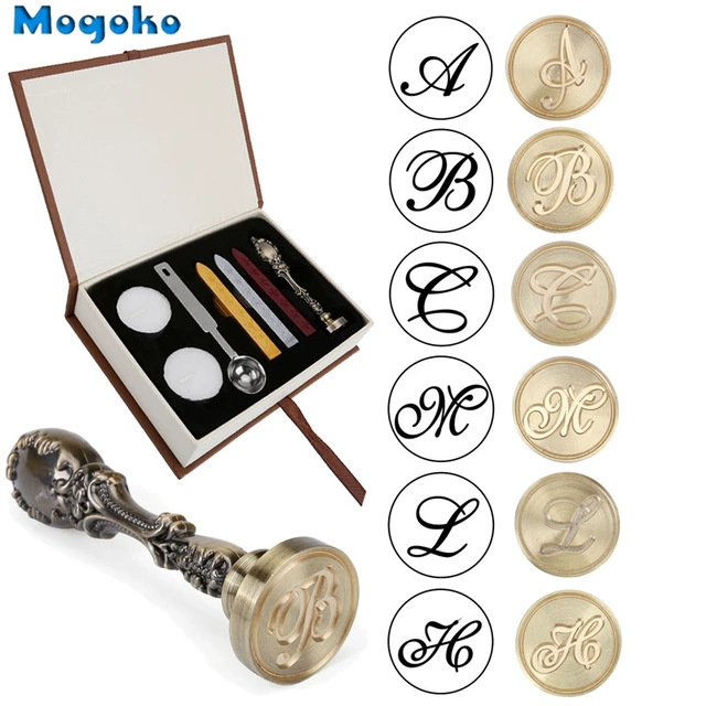 Wax Seal Stamp Kit Retro Creative Sealing Wax Stamp Maker Gift Box Set  Brass Color Head with Vintage Classic Alphabet Initial Letter - Style:Style  1