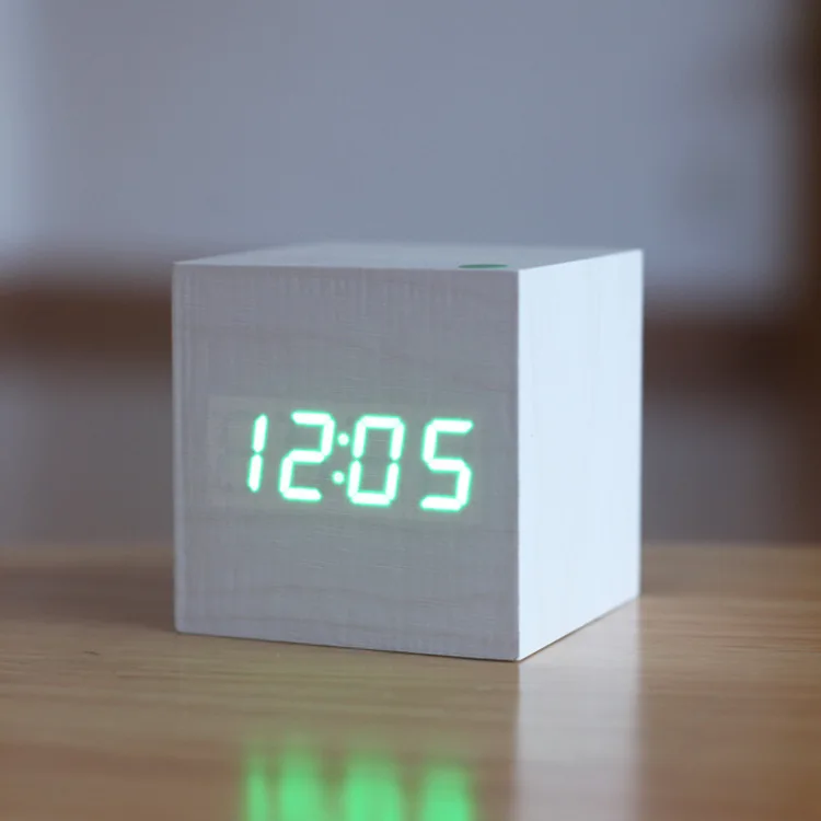 Деревянный куб светодиодный Будильник, despertador контроль температуры звуков светодиодный дисплей, электронные настольные цифровые настольные часы, SKU4A4A3 - Цвет: white green