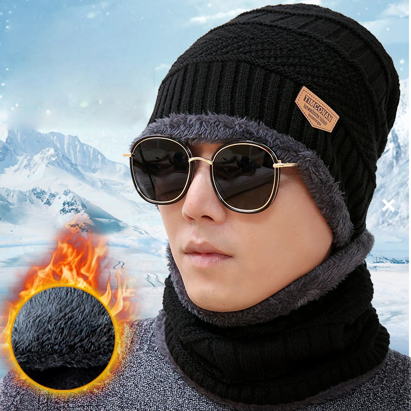 

Ski Set Men Hat Windproof Winter Outdoor Knitted Thermal Thick Snow Woolen Cap Male Scarf Collar Wrap New Year Father gift