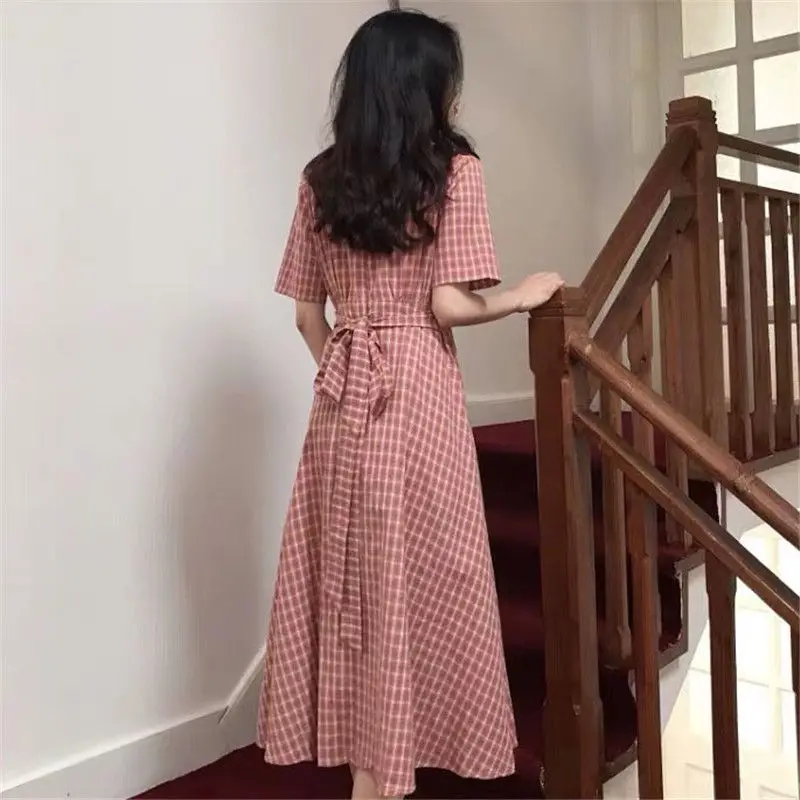 2019 Summer Women Plaid A-Line Dress Female Classic V-Neck Short Sleeve Long Dress OL Work Vintage Elegant High Waist Dress M178 2019 Summer Women Plaid A-Line Dress Female Classic V-Neck Short Sleeve Long Dress OL Work Vintage Elegant High Waist Dress M178
