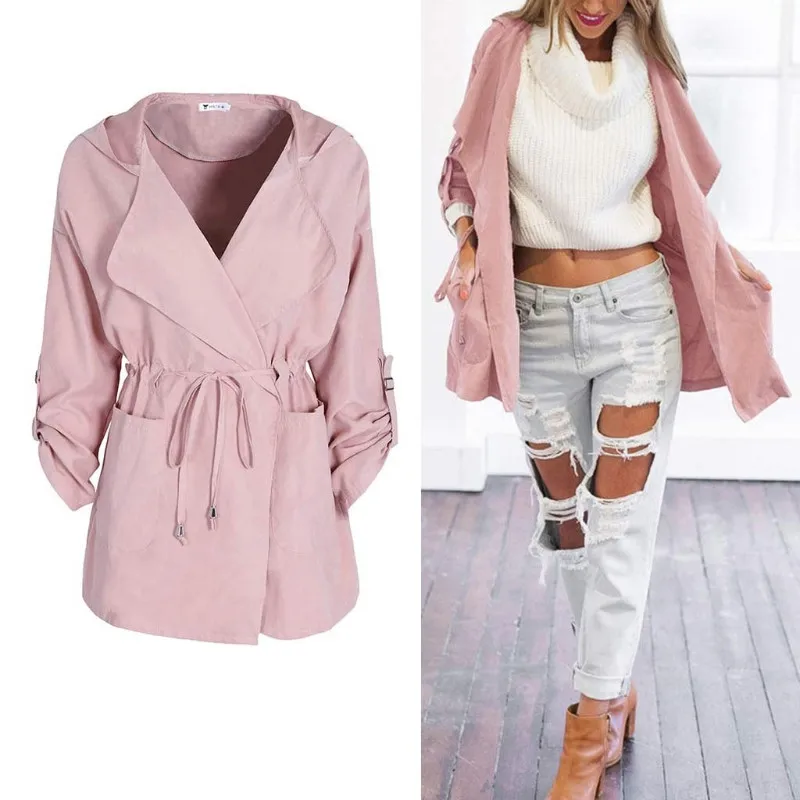 Mode 2018 Mit Kragen neue Mantel Jacke 79 Winter Mantel Arm Dünne US10 Lange Herbst 20OFF Graben frühling Buckled Revers Rosa Marke frauen Kapuze 35RcLj4qSA