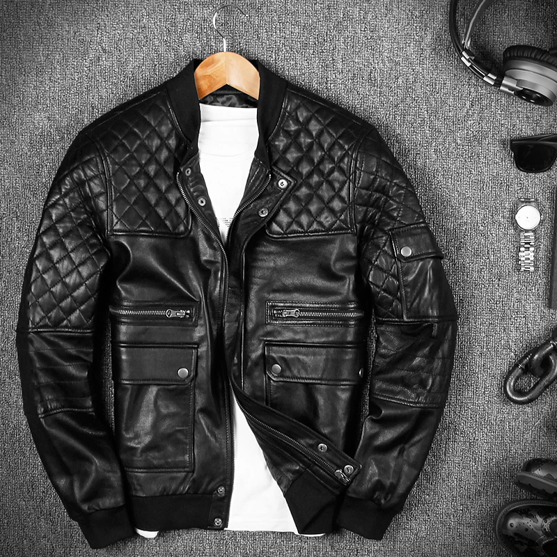 Spring Autumn Male Clothing Mens Sheepskin Genuine Leather Jackets Short Slim Stand Collar Overcoat Men Black Smart Casual Coats | Мужская