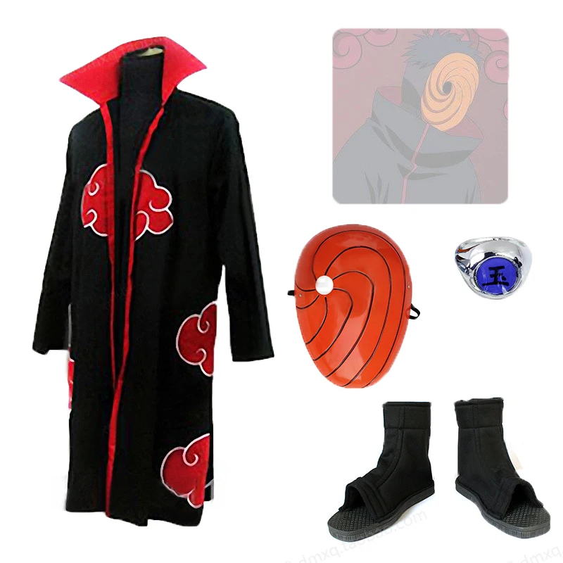 

free shipping Anime Uzumaki Naruto Akatsuki Obito Uchiha Cosplay Costume Full Set coat+mask+shoes+ring