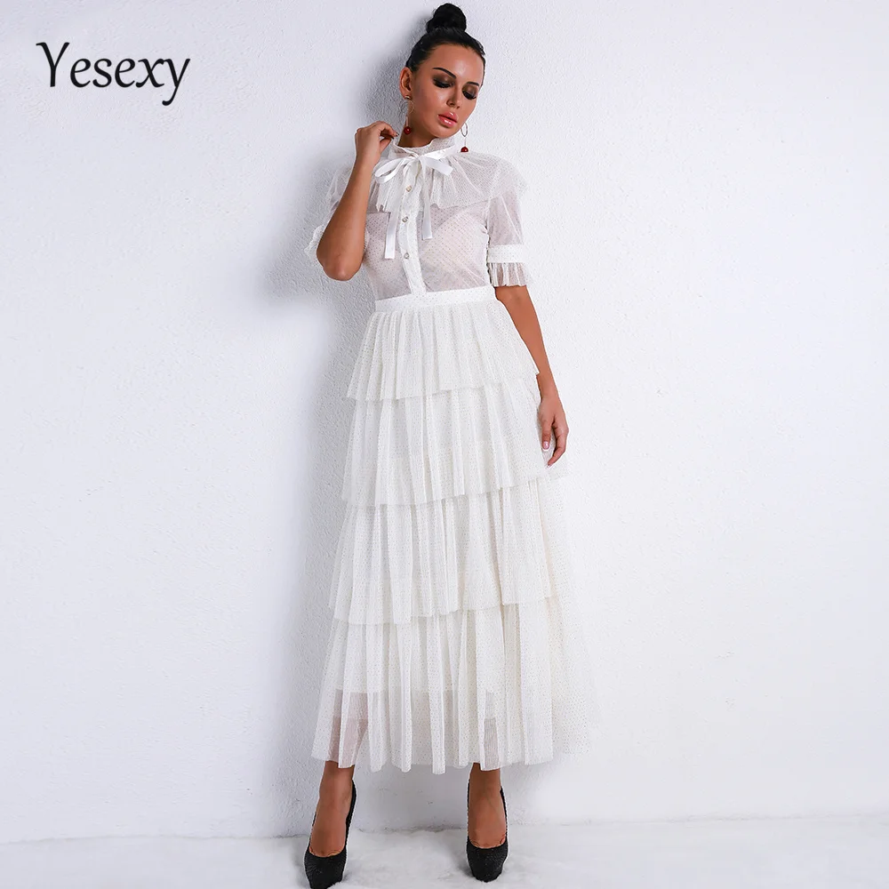 

Yesexy 2019 Women Sexy Retro High Neck Long Sleeve Flash See Through Dress Female Elegant Ruffles Party Dress Vestdios VR9237-1