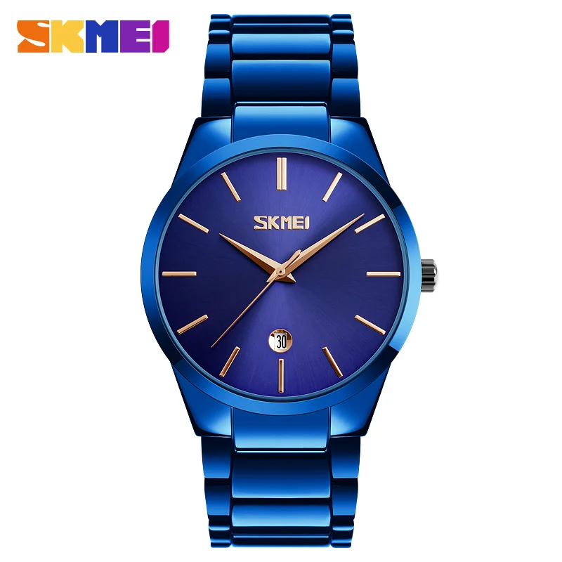 SKMEI Роскошные бизнес часы мужские Ультра тонкие кварцевые наручные часы 5 бар водонепроницаемый минималистский ремешок из нержавеющей стали Reloj Hombre - Цвет: Blue Blue