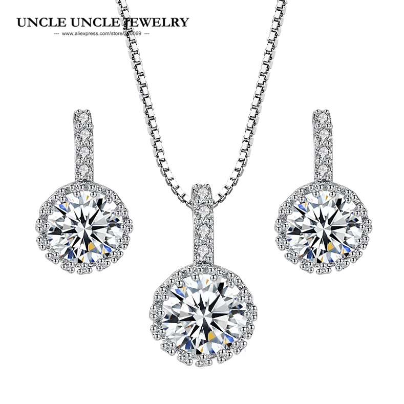 

On Sale White Gold Color Classic Clear Round Cubic Zirconia Hearts and Arrows Woman Jewelry Set Earrings/Necklace Wholesale Gift