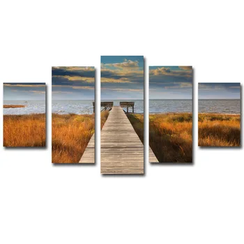 

2017 Real Paintings 5 Panel Canvas Painting Seaside Landscape Art Picture Sunset Wall Sticker Modern For Living Room No Frame