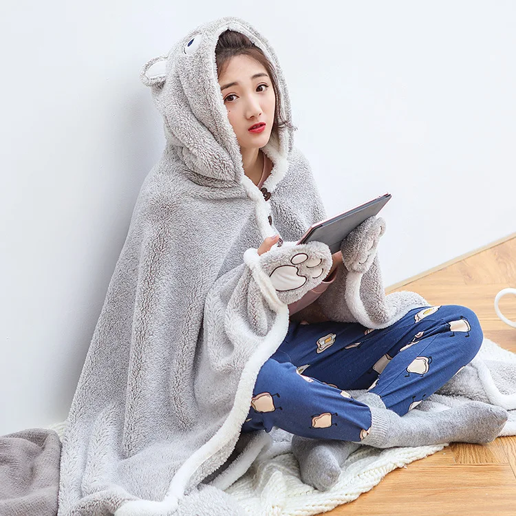 

Winter Warm Hooded Bathrobe Women's Robes Flannel Cute Sleepwear Femme Bathrobes Kimono Dressing Gown Nightgowns Robes Fashion