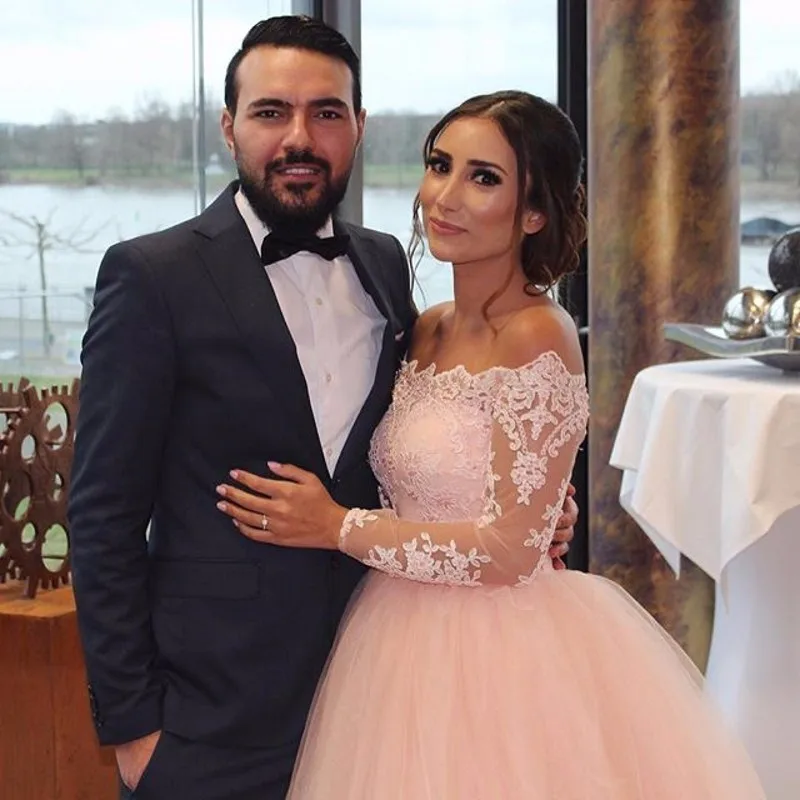 

Elegant Pink Lace Long Sleeve Wedding Dress Sexy Boat Neck A-Line Bride Gown Vestido De Noiva Custom Made