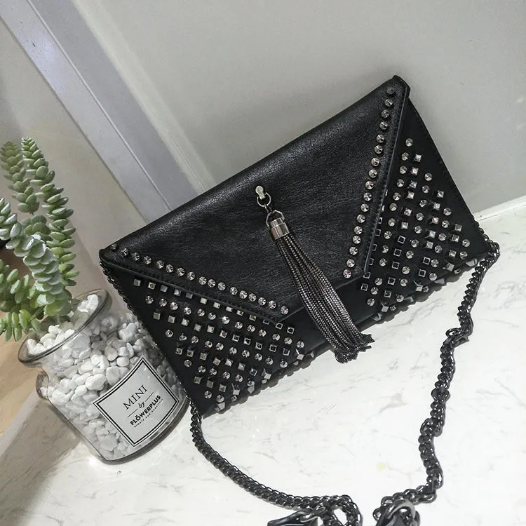 NIGEDU Punk rivet Women envelope clutch bag chain tassel women messenger bag female Crossbody bag  (11)