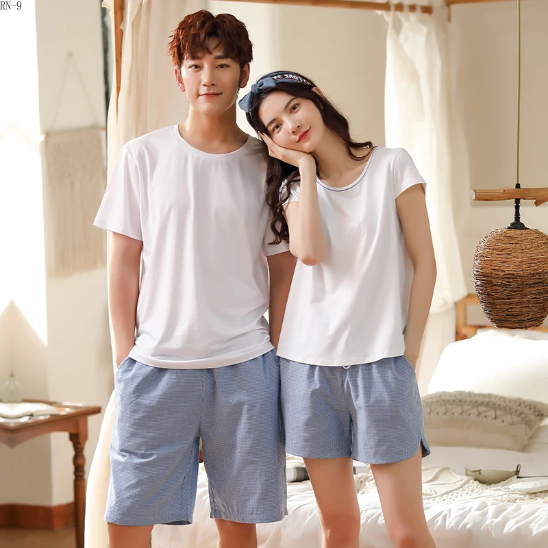 

Lovers' Pyjamas Summer Short Sleeve Trousers Cotton Couple Pajamas Loose Women Pajamas Set Male Pijama Mujer Polyeter Homewear