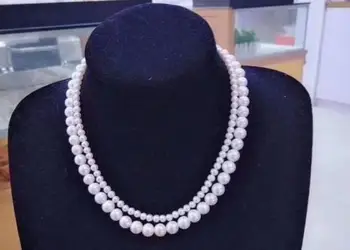 

Hand knotted 2strands 6-7mm&9-10mm white natural freshwater pearl necklace long 45-48cm fashion jewelry
