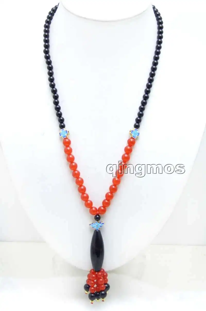 

10*42mm Olivary shape Black beads Pendant and 6mm black beads & red beads 22'' Necklace-5980 Wholesale/retail