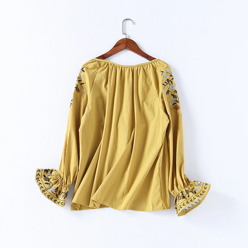  Spring Women Fashion Cotton Shirt Casual Autumn Floral Embroidery Lace-up O-neck Blouse Shirt Ladie