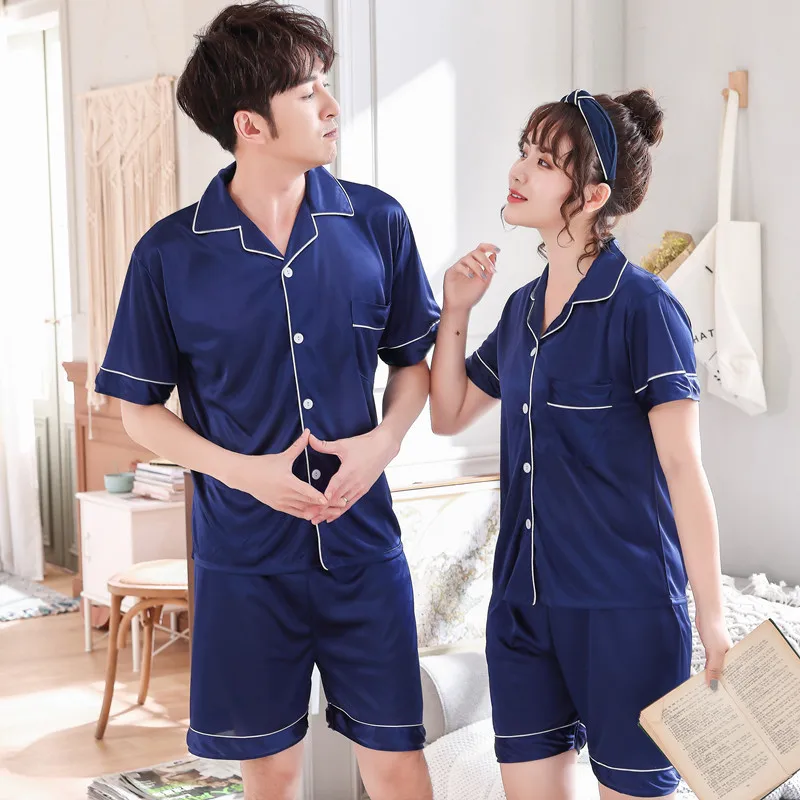 

Satin Pajama Set 2019 Fashion Short sleeve Men and Women's Matching Sleepwears Solid color Silk Sexy Couple Leisure Home Clothes