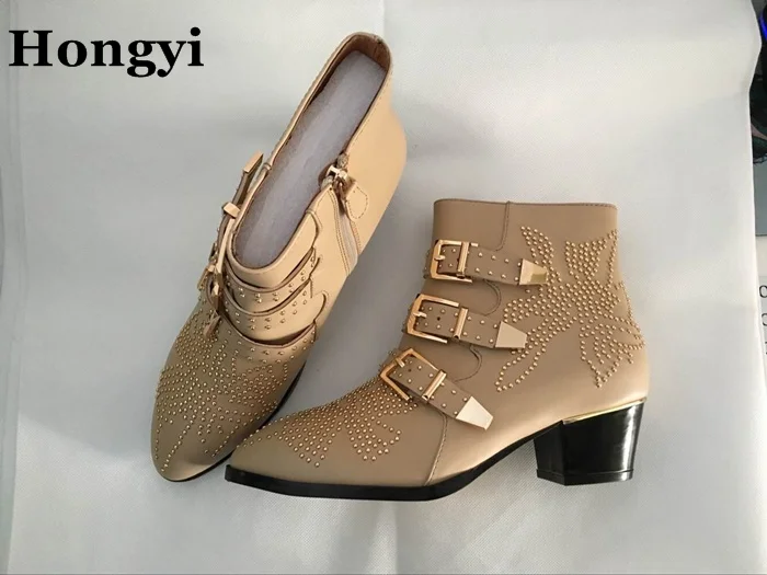 

Hongyi Soft Leather Buckle Studded Susanna Ankle Boots Women Pointed Toe Chunky Heels Botas Mujer Fall Winter Motorcycle Boot