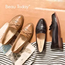 BeauToday/женские лоферы; бантик с кисточкой; мокасины; натуральная кожа; овечья кожа; острый носок; женская обувь на плоской подошве; слипоны; 27031