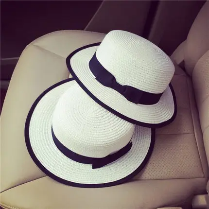 Простая Новая летняя пляжная шляпа для родителей и детей, Женская Повседневная Панама, женская брендовая шляпа, плоский бант края, соломенная кепка, шляпа от солнца для девочек - Цвет: bowknot white