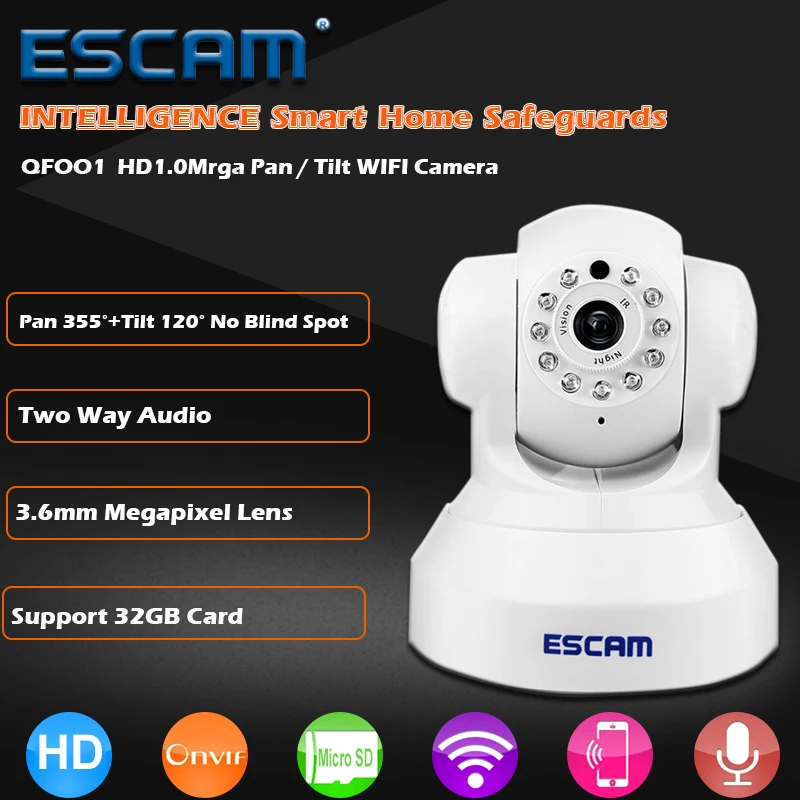 ESCAM QF001 Mini WiFi IP Camera HD 720P CCTV Security Camera System P2P IR Cut Two Way Audio Micro SD Card Slot Night Vision 720p hd ip camera wireless wifi pan tilt two way audio p2p ir cut onvif cloud night vision micro sd card security cctv camera