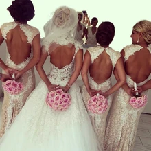Sexy Keyhole Back Mermaid V Neck Applique Lace Bridesmaid Dresses 2016 Long Maid of Honor Gowns Prom Gowns vestido madrinha BR62