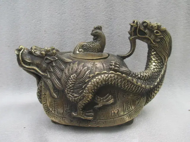 

6 inch / Exquisite China ancient copper hand carved dragon turtle teapot