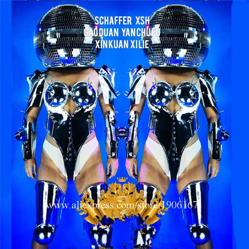 

Nightclub Space Mirror Woman Helmet Halloween Christmas Party Event Mirror Armor Clothes Stage Performance DS DJ Sexy Costume