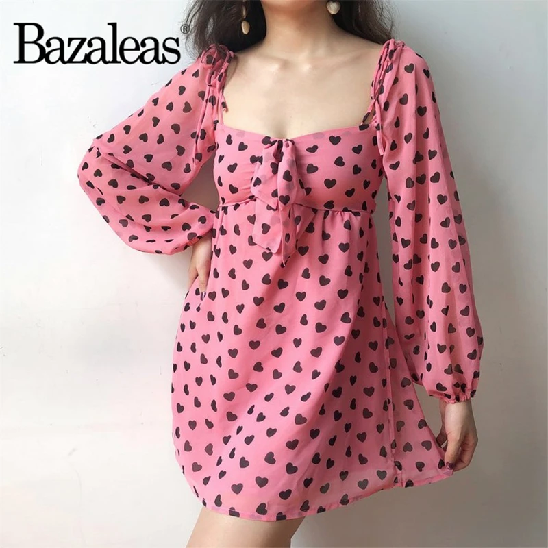 

Bazaleas Center Bow Women Dresses off Shoulder Ruffles Vestido Vintage black heart print Sexy pink Mini Dress drop shipping