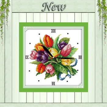 

Tulip clock face colorful flower painting counted print on canvas DMC14CT 11CT Chinese Cross Stitch Needlework Set Embroider kit