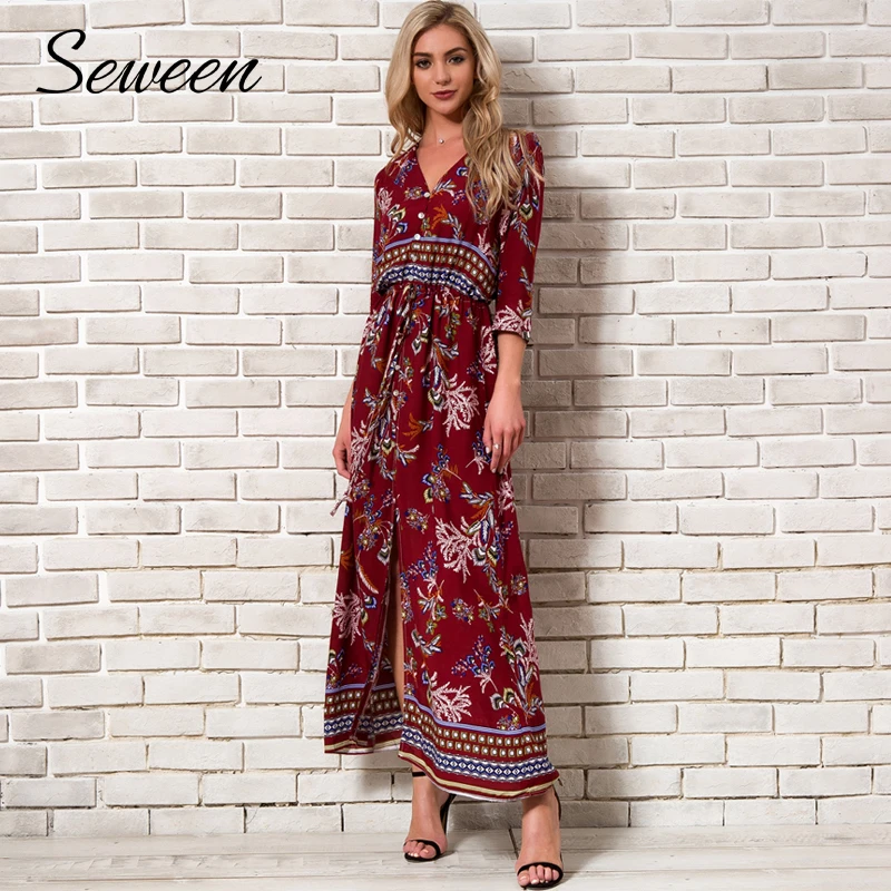 fashion beach v neck printed maxi dress