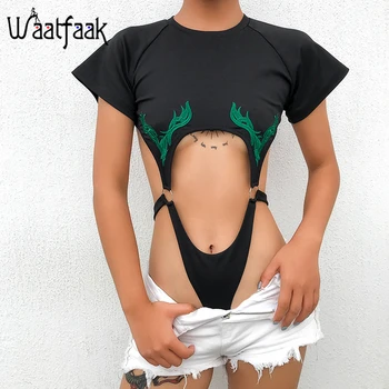 

Waatfaak Hollow Out Sexy Bodysuit Women Top Tong Black Embroidery Backless Body Suit Ring Streetwear Short Sleeve Bodysuits 2019