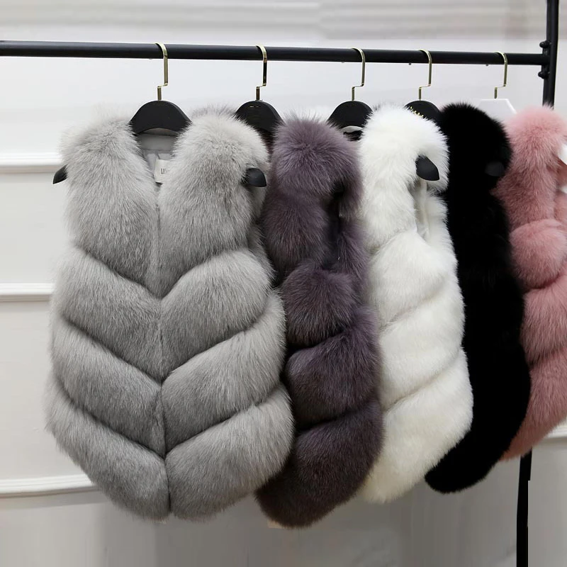 

Winter Thick Warm Fake Fur Vests Coat Women Faux Fox Fur Vest Midum Long Coats Waistcoat Female Jacket Outerwear Plus Size