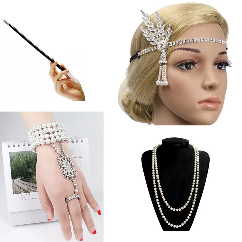 

1920s Charleston Party Flapper Girl Rhinestone Headband Pearl Necklace Bracelet Cigarette Holder Great Gatsby Accessories Set