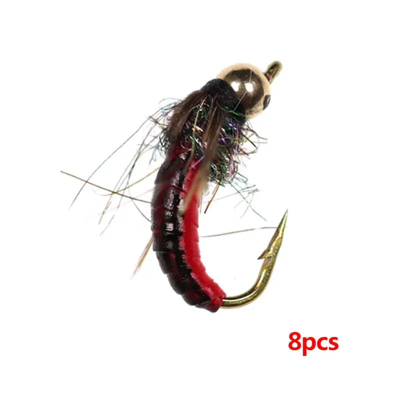 

8 Pcs/pack Fly Fishing Hook Ice Silk Nymph Insect Bait Bronze Shoulder Fast Head Flying Caterpillar Carp Artificial Sucking Gree
