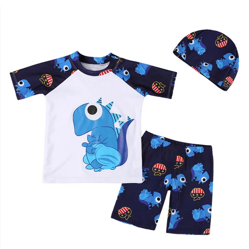 

Baby Boy 3Pcs Summer Swimsuit Tops Pants Caps Set Cartoon Dinosaur Printing Swimwear Bathing Trunks Kids Beach Swimwear