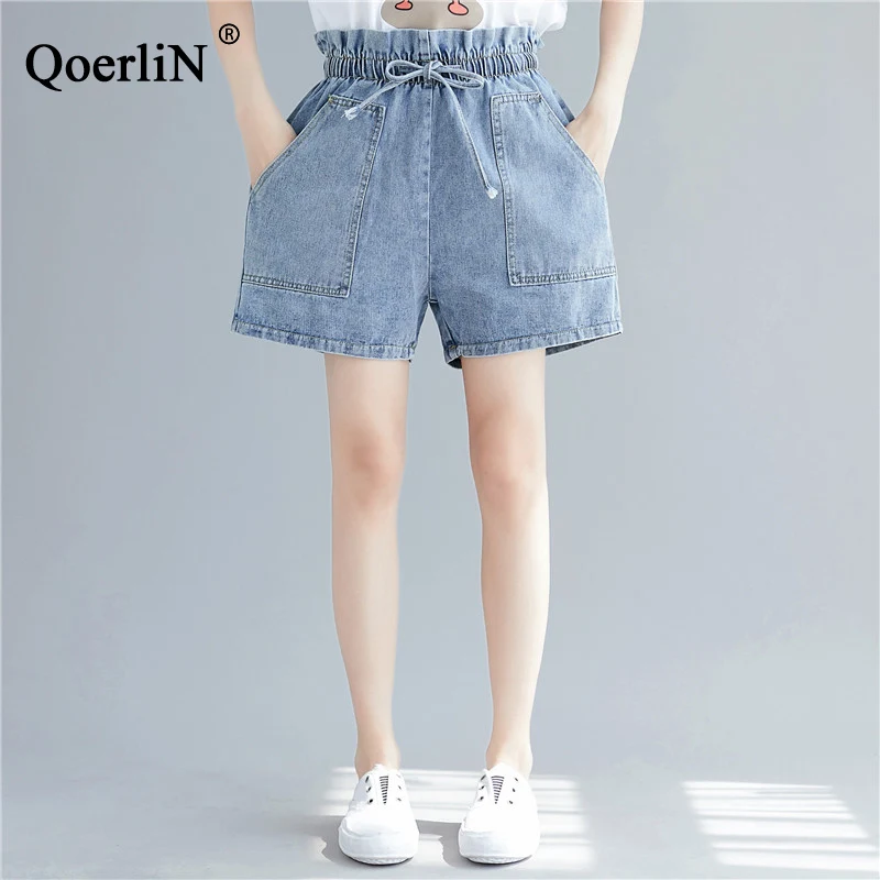 

QoerliN Ruffles Waist Jeans Short Girls Lace Up Elastic Waist Pocket Denim Trouser Shorts Women Summer 2019 New Fashion Big Size