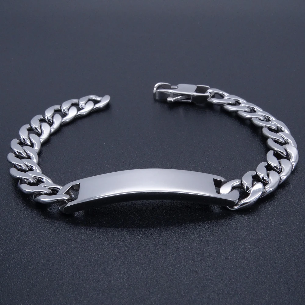100% Stainless Steel Bracelet 9 mm 8 Inches Curb Cuban Chain Smooth Bar ID Bracelets for Men Women Free Shipping Factory Offer