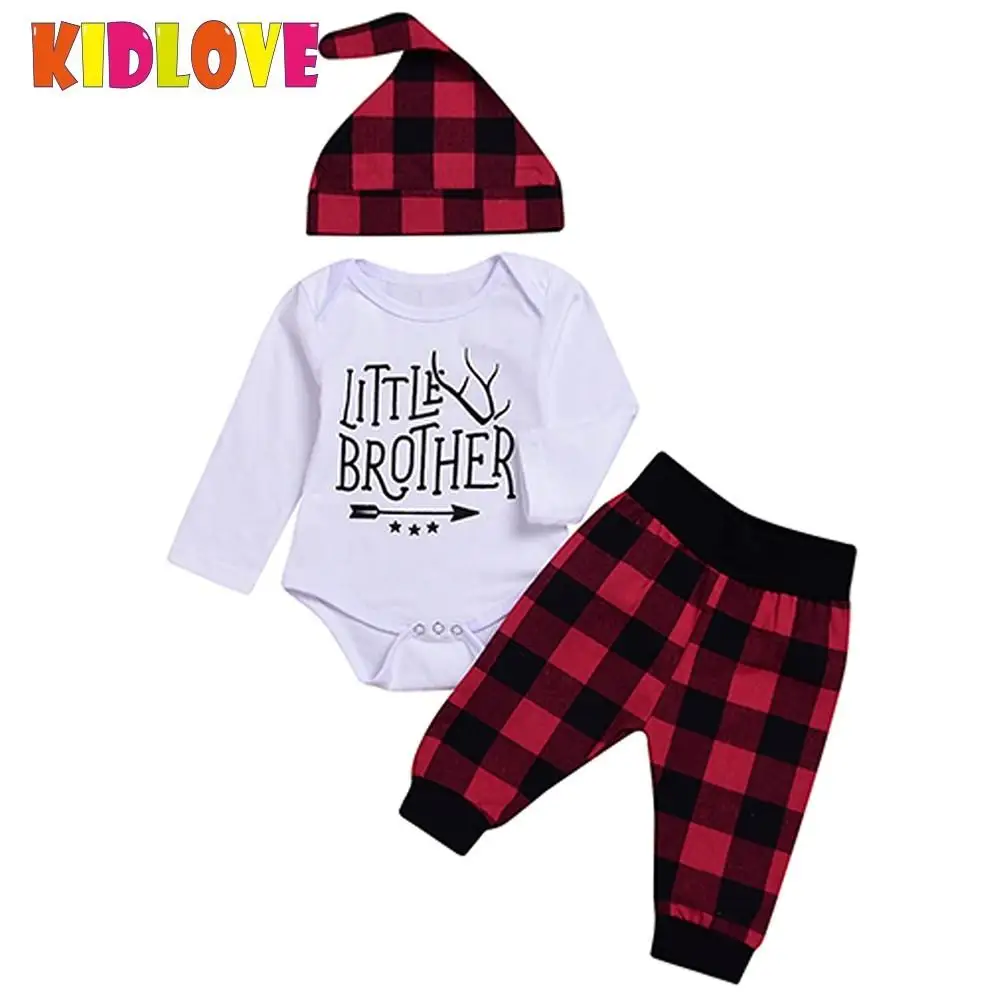 

KIDLOVE Baby Newborn Kids 3pcs Suit Red Lattice Little Brother Letters Pajamas Set Romper Plaid Long Trousers Hat Outfits ZK30