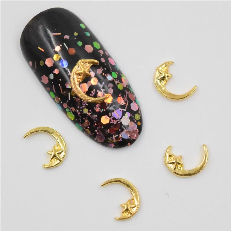 

Beleshiny 50Pcs new Golden moon shape, 3D Metal Alloy Nail Art Decoration/Charms/Studs,Nails 3d Jewelry H050