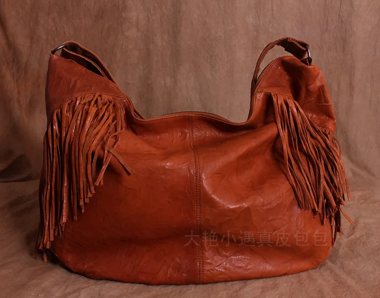 Большая винтажная сумка из натуральной кожи с кисточками, большая сумка из овчины, женские сумки-мессенджеры, сумка-мешок, размер 61*40*17 см
