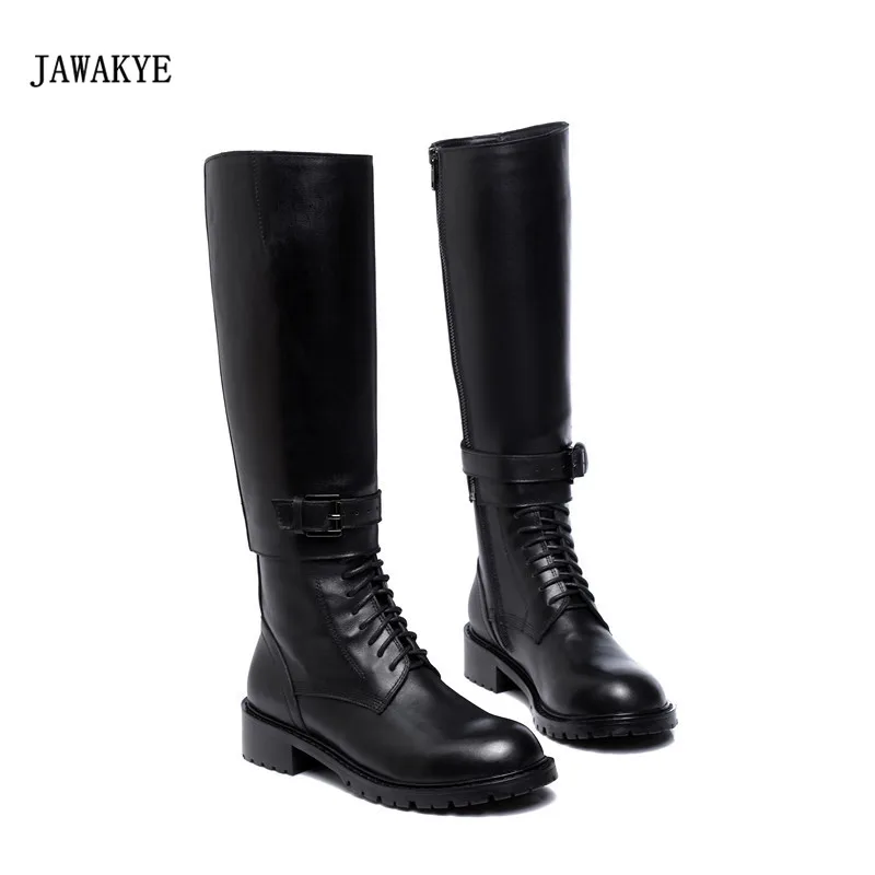 

2017 Black Real Leather Knee High Boots Women Round Toe Two Removable leather Strap Motorcycle Boots Woman Fashion Long Boots