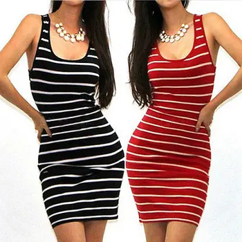 

Sexy Women Stripe Dresses Clothing Black Red Blue WomenBodycon Sleeveless Evening Party Mini Dress Clothing