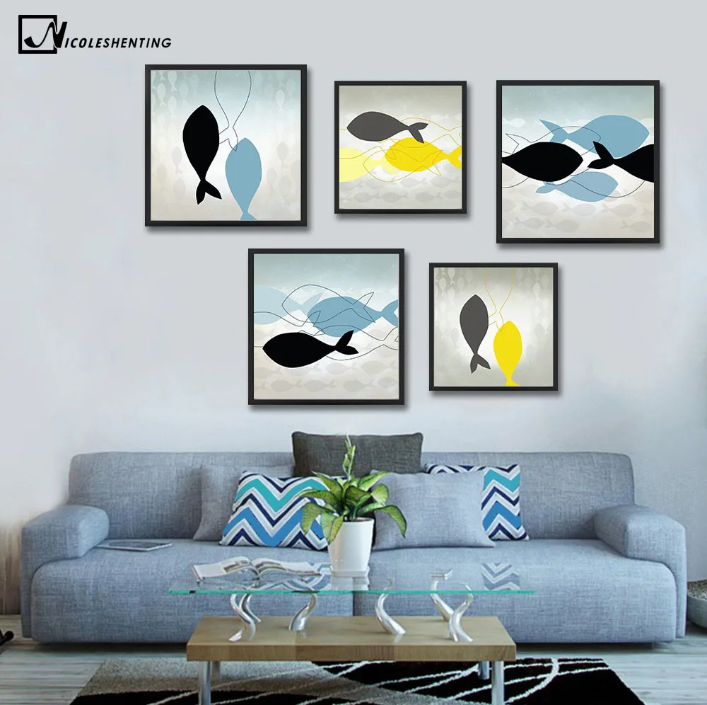 

Funny Fish Cartoon Minimalist Art Canvas Poster Painting Wall Picture for Modern Home Children Room Decor C201