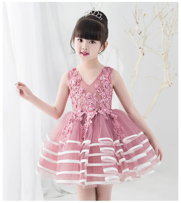 Милые розовые летние фатиновые платья для девочек; элегантные платья для первого причастия для детей; Платья с цветочным узором для девочек на свадьбу, выпускной вечер