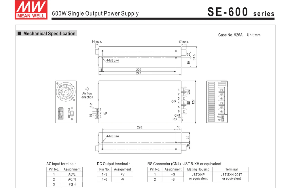 SE-600-12; 12 В/600 Вт режим переключения meanwell Светодиодный источник питания; AC100-240V вход; 12 В/600 Вт Выход