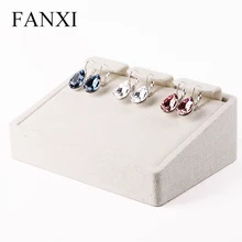 FANXI Free shipping custom wooden wrapped with beige jute jewellery exhibitor displays for 3 earrings linen earring trays