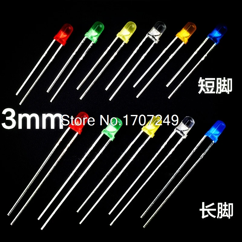 1000 Pcs 3MM LED 6 colors Long/short foot optional White Red Green Blue Yellow Orange 3mm 20mA Diffused Light-Emitting Diode LED
