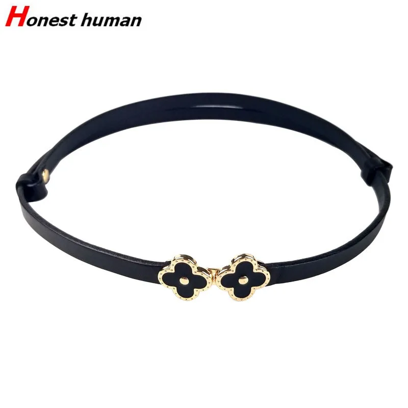 

Fashion Luxury Full Grain Cowhide Thin Belts for Women Genuine Leather Adjustable Four-leaf Clover Buckle Dress Decorative Belt